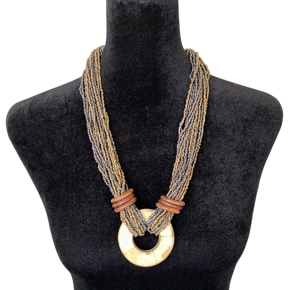 Chicos Womens Necklace Tribal African Multi Strand Beaded Tusk Look Ring Boho